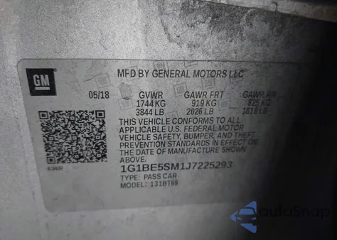 2018 Chevrolet Cruze Lt Auto z USA, uszkodzony, nr VIN 1G1BE5SM1J7225293